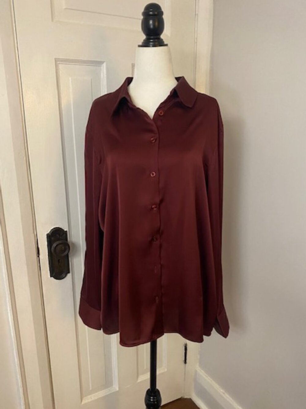 Maison d' Amelie Satin Blouse Burgundy Merlot XL Shirt Long Sleeve